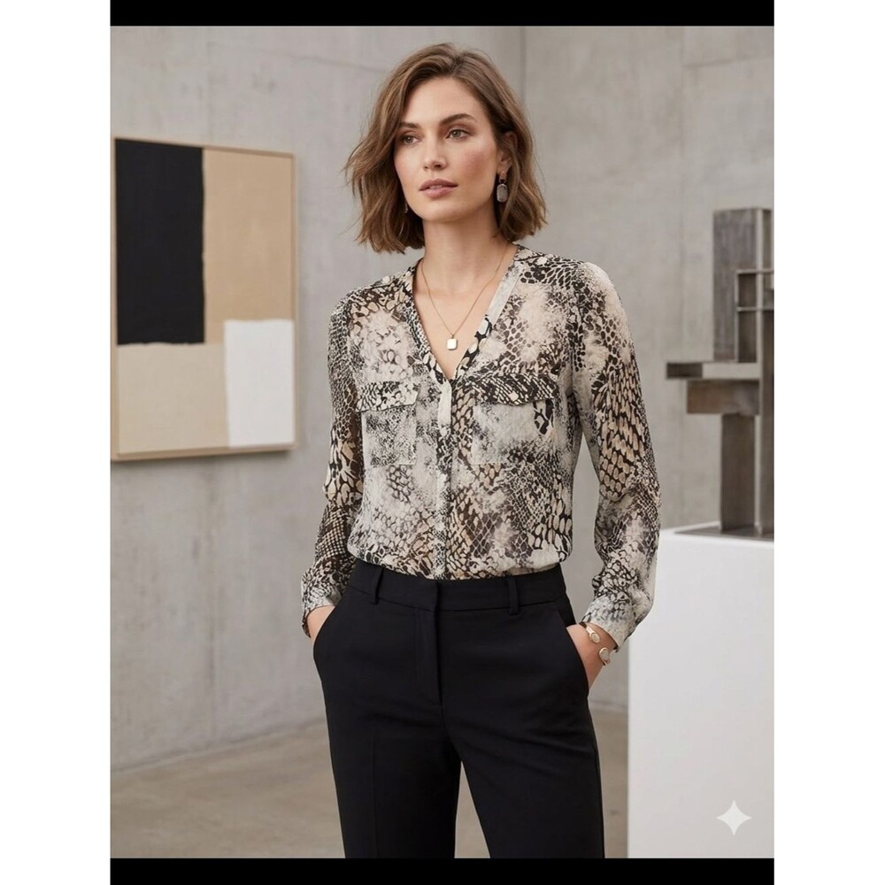 Jaclyn Smith Snakeskin Print Button-Up Chiffon Blouse Small